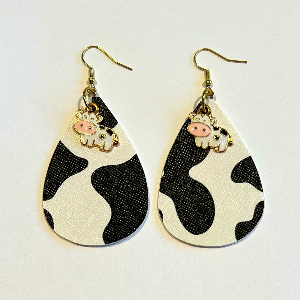 Cow 🐄 Print teardrop faux leather earrings with Cow 🐮 charm